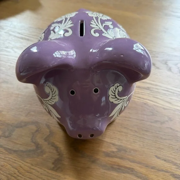 Purple Ceramic Piggy Bank with Decorative Accents - Picture 3 of 7
